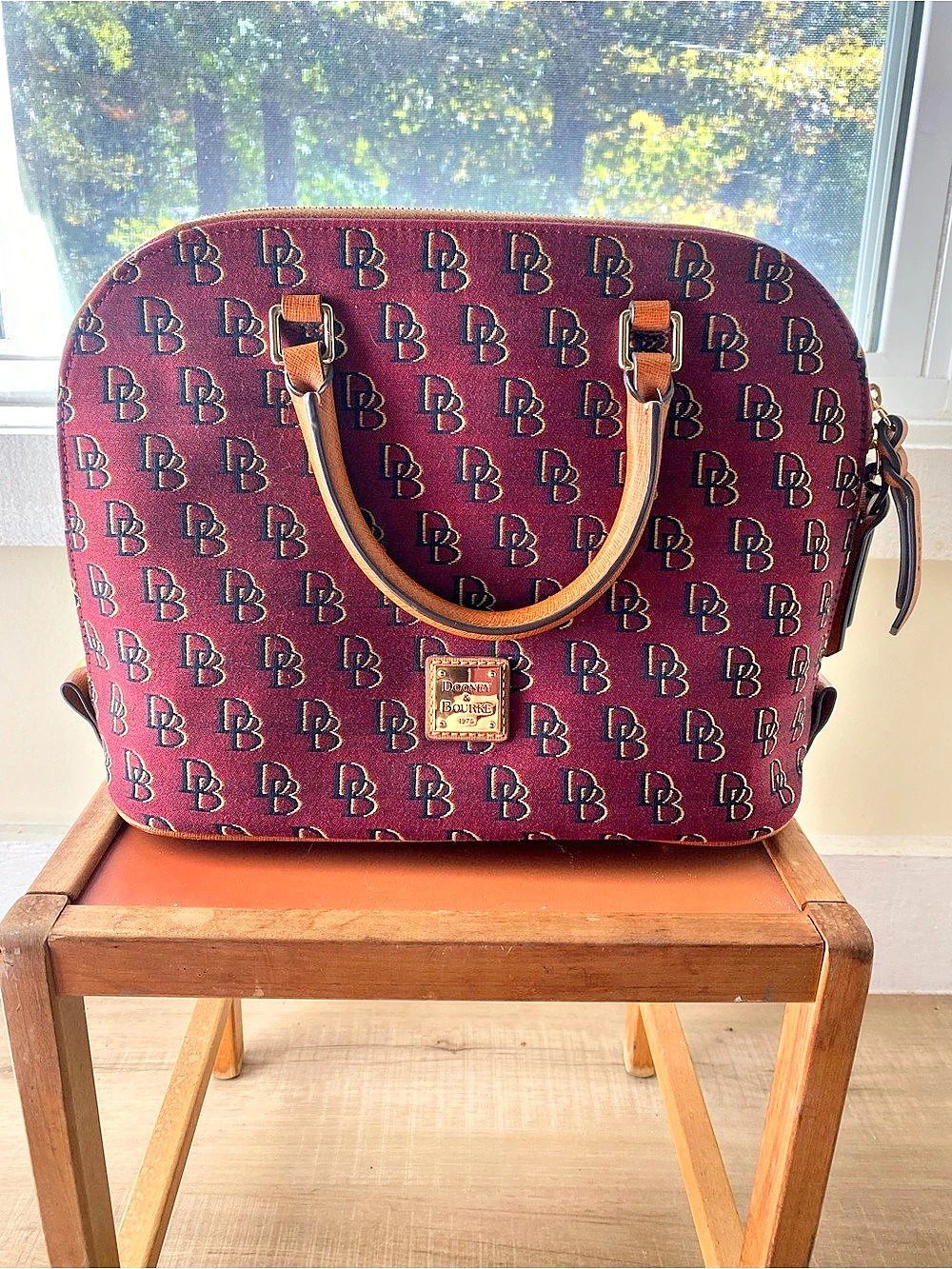 Dooney & Bourke Monogram Domed Satchel Burgundy & Brown